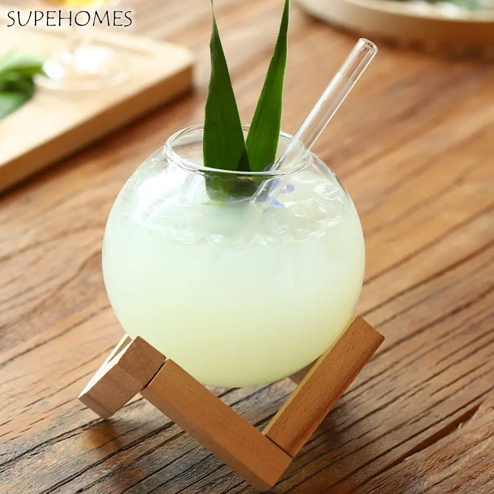 

Ronud Ball Shaped Spherical Cocktail Glass Cup with Wood Stand with Straw Juice Tumbler Transparent Coffee Cups Milk