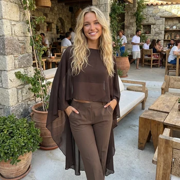 Women's Vintage Transparent Cape Top Chiffon Round Neck Irregular Shawl Flowing Mesh Semi Transparent Cape Beach Cover-Ups 1