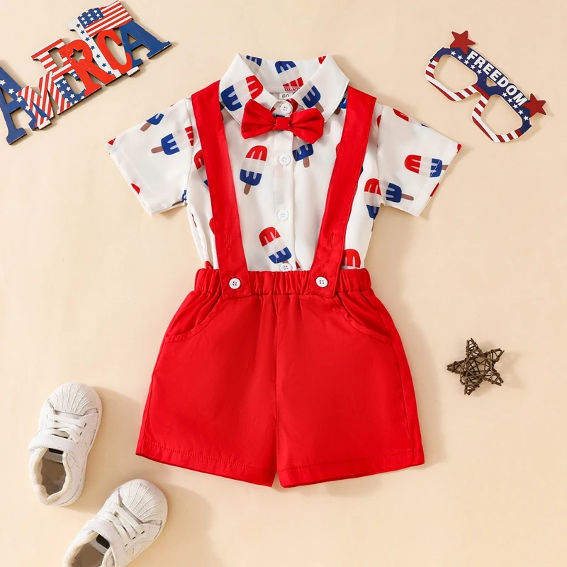 

Baby Boy 4th of July Outfit Popsicle Print Short Sleeve Button Down Romper with Bowtie Suspender Shorts