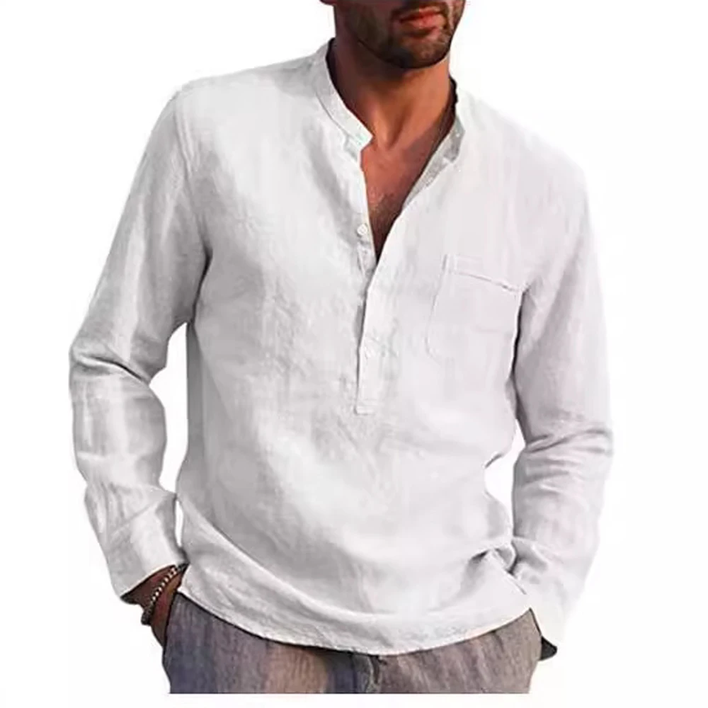 Mens Collarless Pocket Blouse Shirts Summer