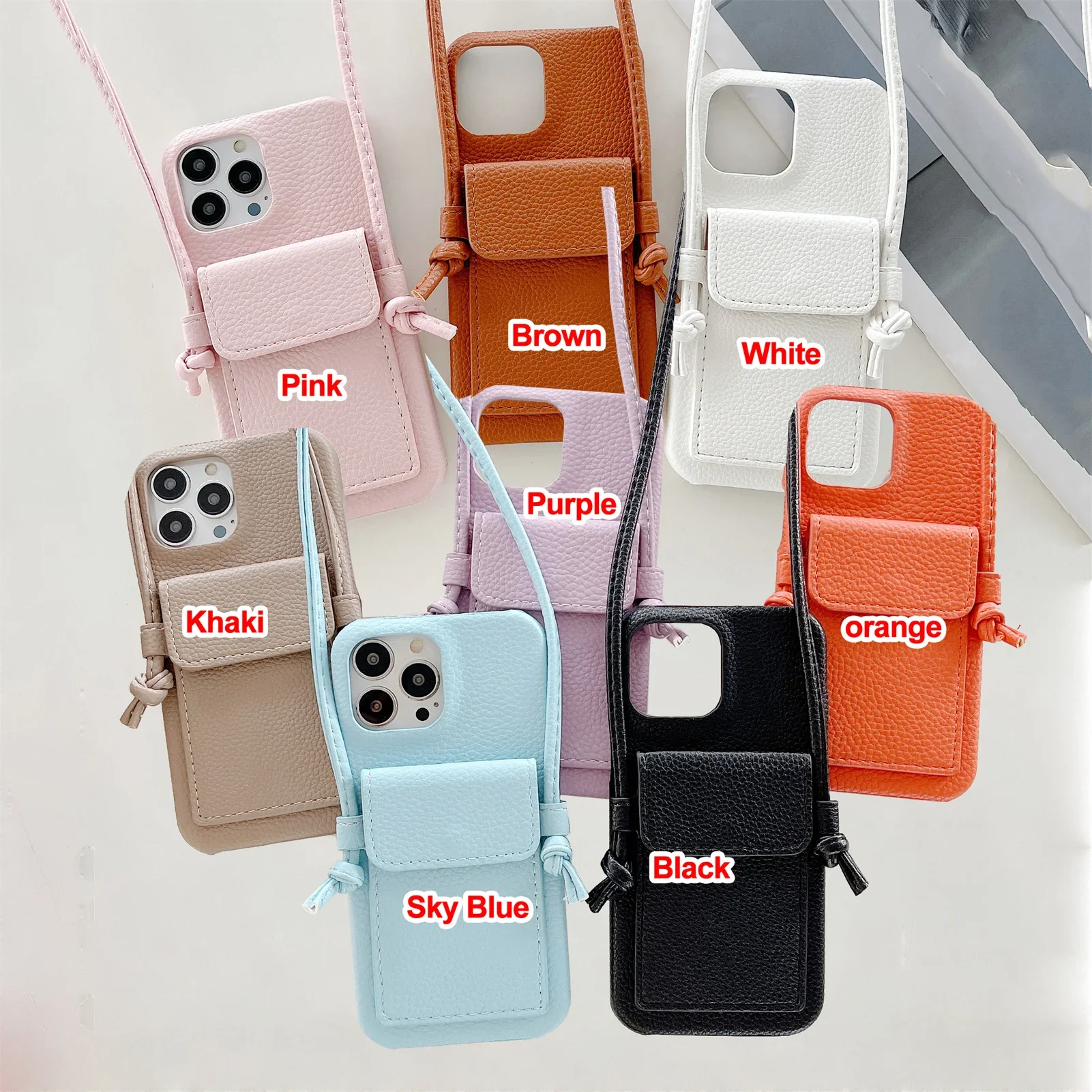 Leather Crossbody Lanyard Phone Case with Card Holder and Strap