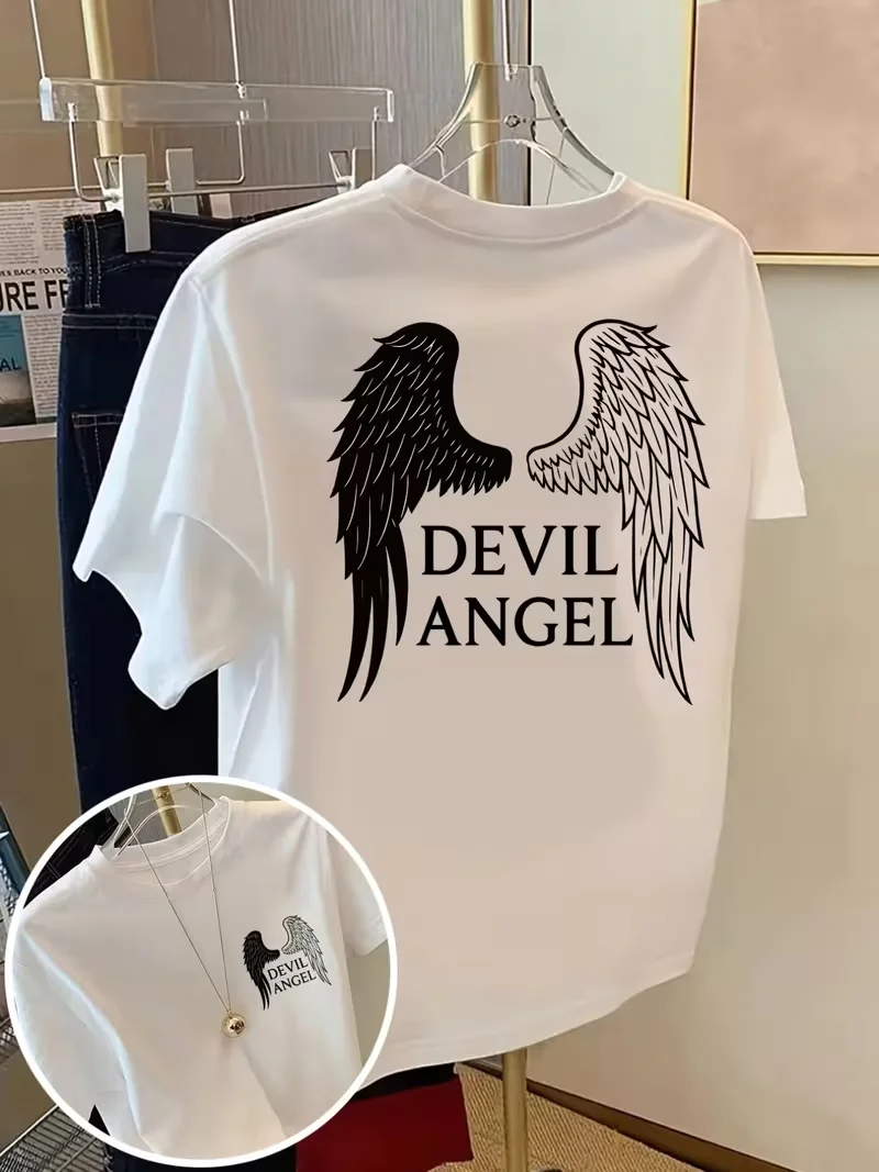 Angel Wings Hot-Pressed Print T-Shirt, Front & Back Design, Casual Unisex Crew Neck Short Sleeve, Versatile Summer Daily Top