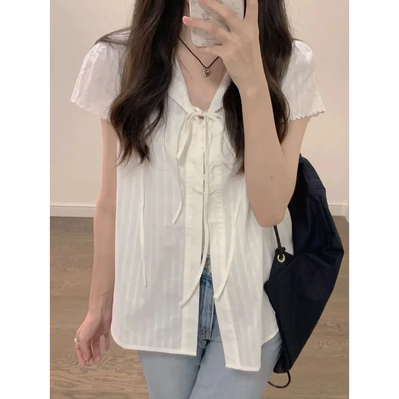 Deeptown Lace Up White Basic Women's Shirts Vintage Short Sleeve Korean Fashion Blouses Loose Summer Preppy Sweet Harajuku Jk