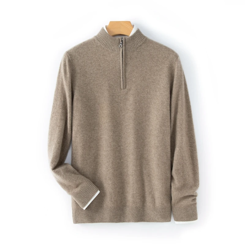 Men's Winter Cashmere Sweater Medium Thick Half High Collar Half Zipper Classic Loose Sweater 100% Cashmere Knitted Top 4