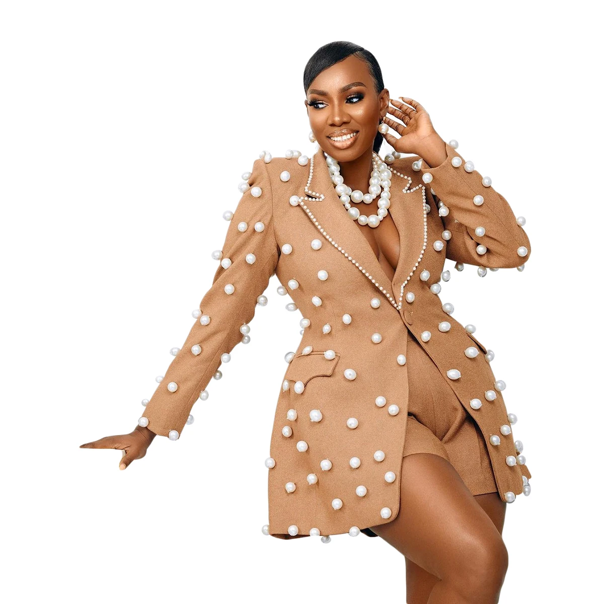 Women Long Blazer Beads Pearls Tuxedos One Button Peak Lapel Lady Slim Fit Coat 2 Pcs Jacket Pants Customized