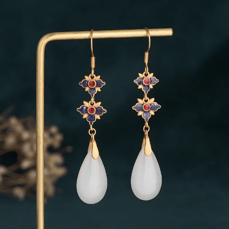 

High Quality China Style Ethnic White Drop Earrings Jade pendant Enamel Golden Flowers Vintage Earrings for Women Ear Jewelry