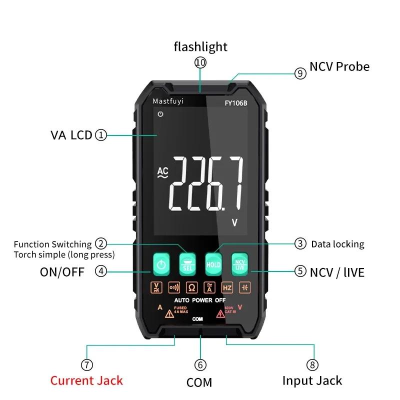 MASTFUYI FY106B Handheld Mini Multifunction Digital Multimeter 600V 4A True RMS Automatic Measurement Tester Tools