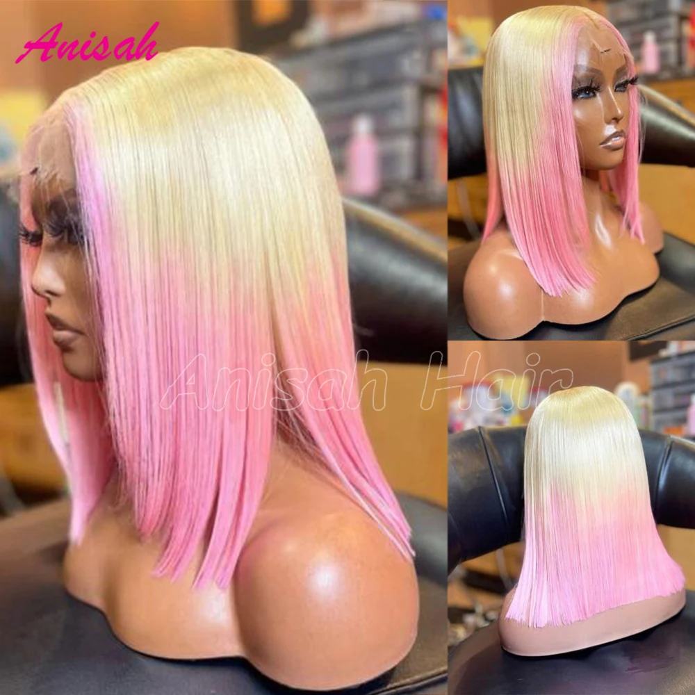 

Brazilian Ombre Blonde Lace Front Wig Human Hair Two Tone Pink Lace Frontal Wig 13x4 Short Bob Straight Wigs For Women