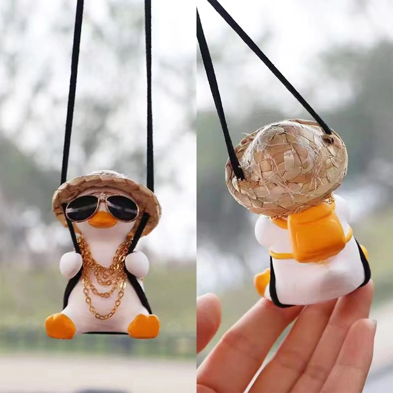 Cute Swing Duck with Straw Hat Car Pendant Auto Rearview Mirror