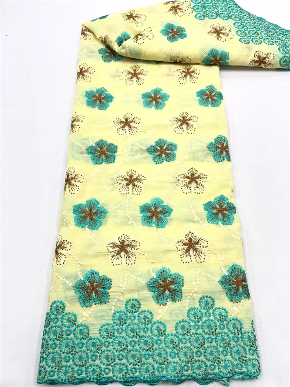 

African Voile Lace Fabric With Rhinestones Cotton Swiss Lace Material, High Quality, 5 Yards, 2024