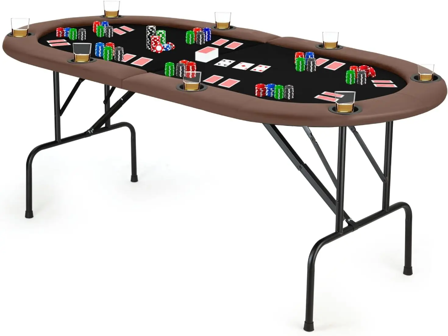 Poker table is foldable with cushioned armrests and cup holders, used for card game gambling
