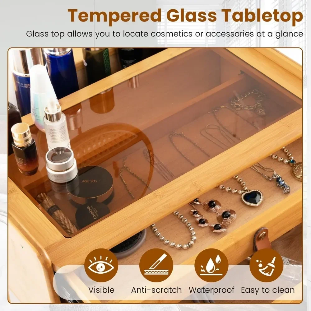 Bamboo Vanity Table Set with Adjustable Mirror Dressing Table and Stool Set with Tempered Glass Tabletop and Storage Drawers