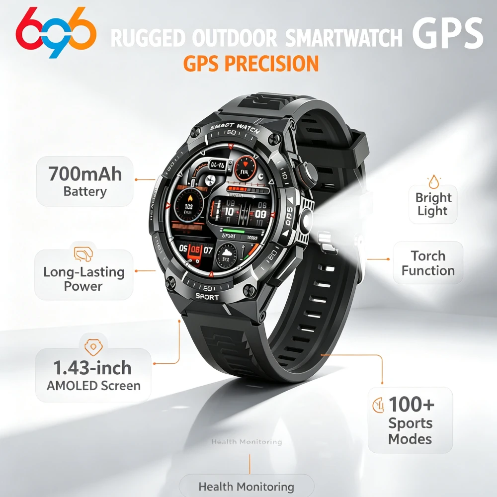 Fitness Smartwatch Men Outdoor GPS Sports Watch AMOLED Display Compass BT Call Waterproof Heart Rate & Health Monitoring