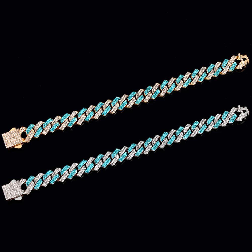 HipHop 14mm blau Raute kubanische Glieder kette Halskette für Männer Frauen bling Feder verschluss kubanische Kette Halskette Armband Set Schmuck – Detail 16