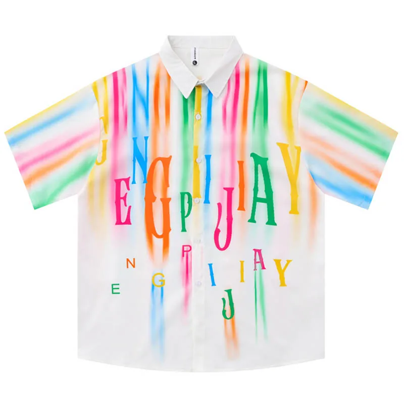 

Dark Icon Letter Rainbow Vibe Hawaiian Shirt Men Women Summer Loose Men's Shirt White Man Blouse