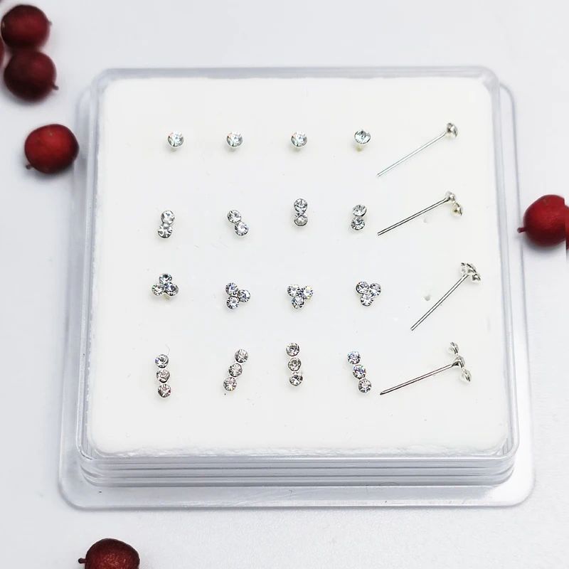 925 sterling silver Clear Crystal Nostril stud Mixed Nose Bone Indian nose pin piercing jewelry 20pcs/lot nose piercings