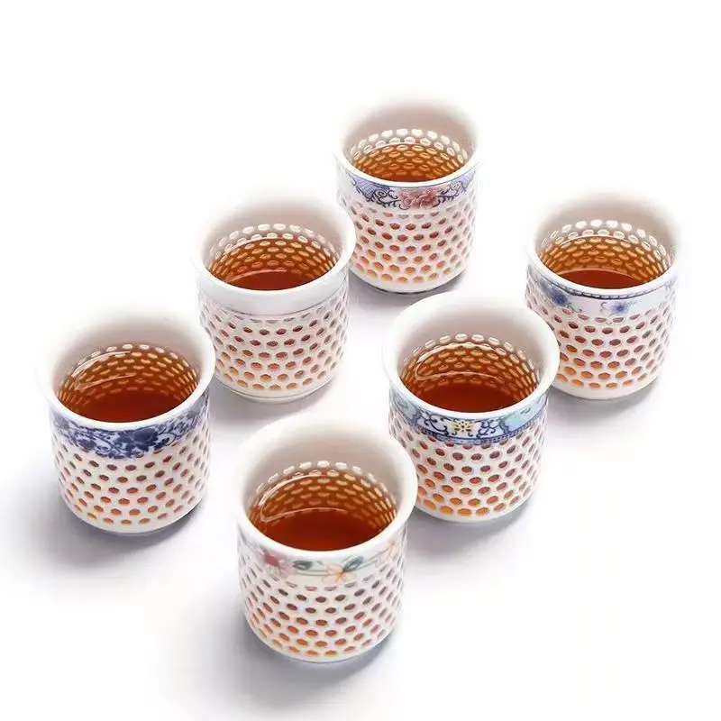 Tea Cup Glass Tea Set Crystal Hollow Tea Cup White Ceramic Teaware Blue Porcelain Teacup Kung Fu Tea Set Gifts Drinkware Water Cup Puer Bowl