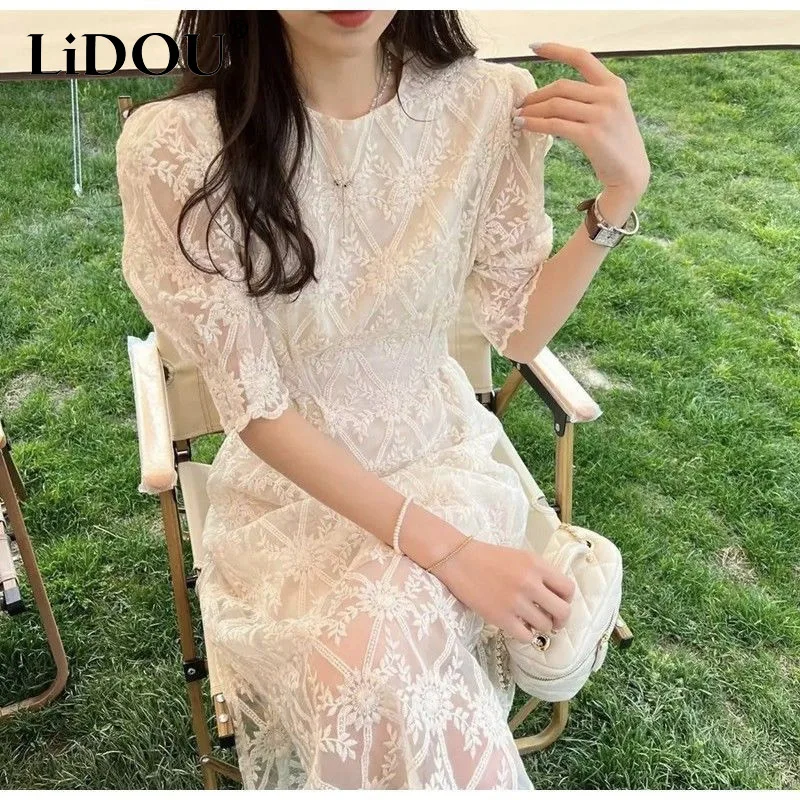 

2023 Summer New Solid Color Lace Short Sleeve Elegant Dress Ladies Round Neck Bandage Skirts Women Korean Style Hollow Out Robe