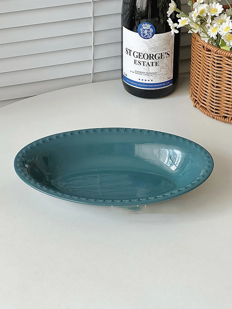 Vintage Embossed Oval Plate Light Luxury Pasta Soup Plate Restaurant Salad Lake Green Tableware