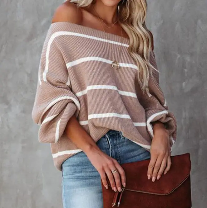 

Women's Striped Knitwear Sexy Off-Shoulder Balloon Sleeves Top New Autumn & Winter Woman Casual Clothing Fashion Loose Pullovers