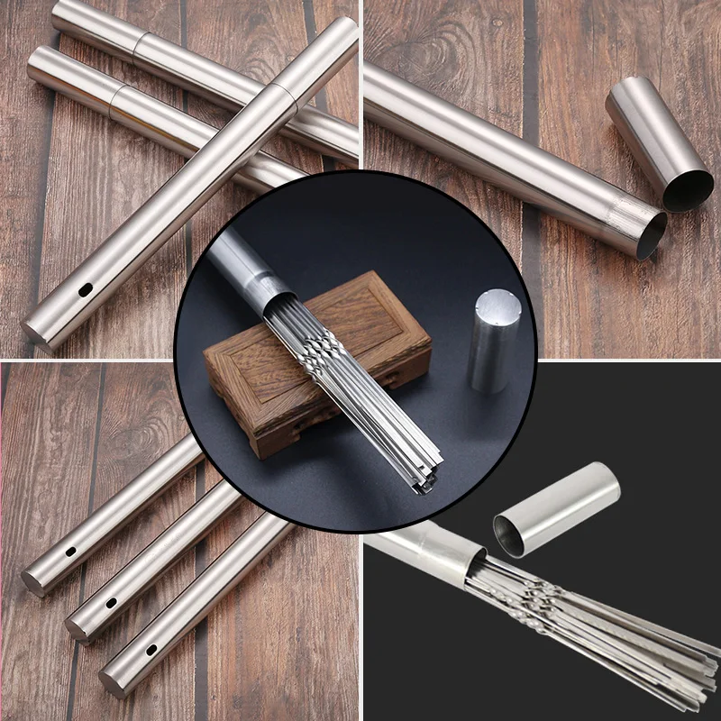 Tubo de almacenamiento de acero inoxidable para brochetas de barbacoa, palillos reutilizables para parrilla, tenedor plano para barbacoa, utensilio para barbacoa, accesorios de cocina para acampar al aire libre_voghion.com