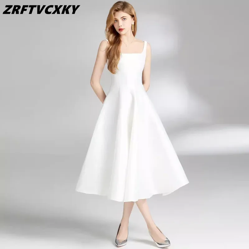 

Runway Women A-line Party Midi Dress New Summer High Quality Square Collar Sleeveless Tank Robes Lady Slim Long Dress