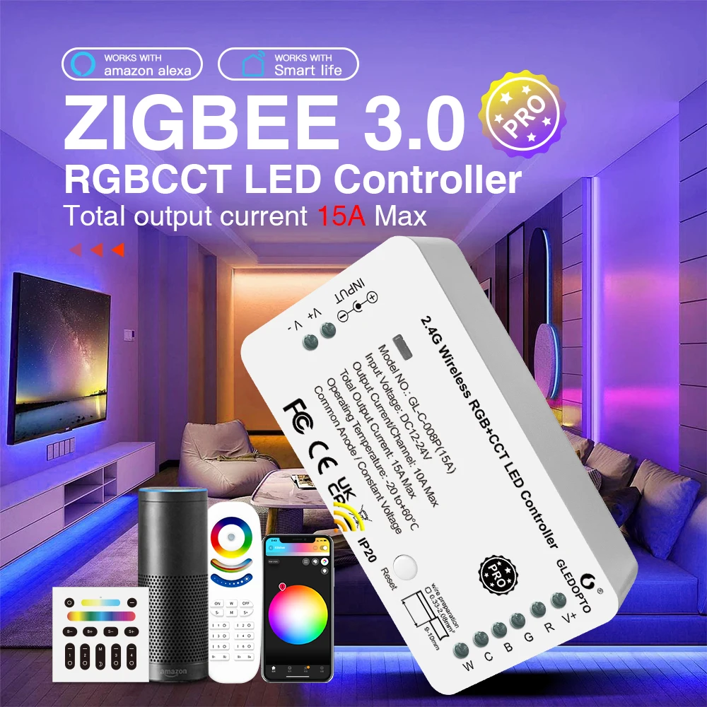 GLEDOPTO Zigbee 3.0 LED Strip Controller RGBCCT Pro 15A Current Work with Hu/e Tuya SmartThings App 2.4G RF Remote Control Voice