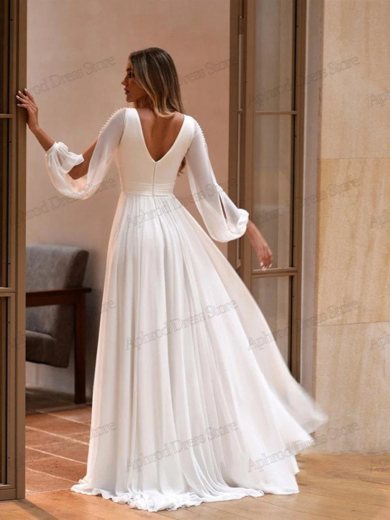 Modest Wedding Dresses A-Line V-Neck Chiffon Bridal Gowns Full Sleeves Floor Length Robe For Formal Party 2024 Vestidos De Novia