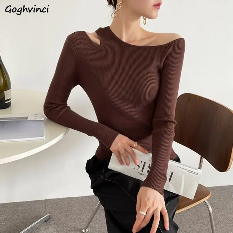 

Knitted Pullovers Women New Autumn Slim Cropped Simple Solid Elegant Ladies Irregular Neck Designed Streetwear All-match Inside