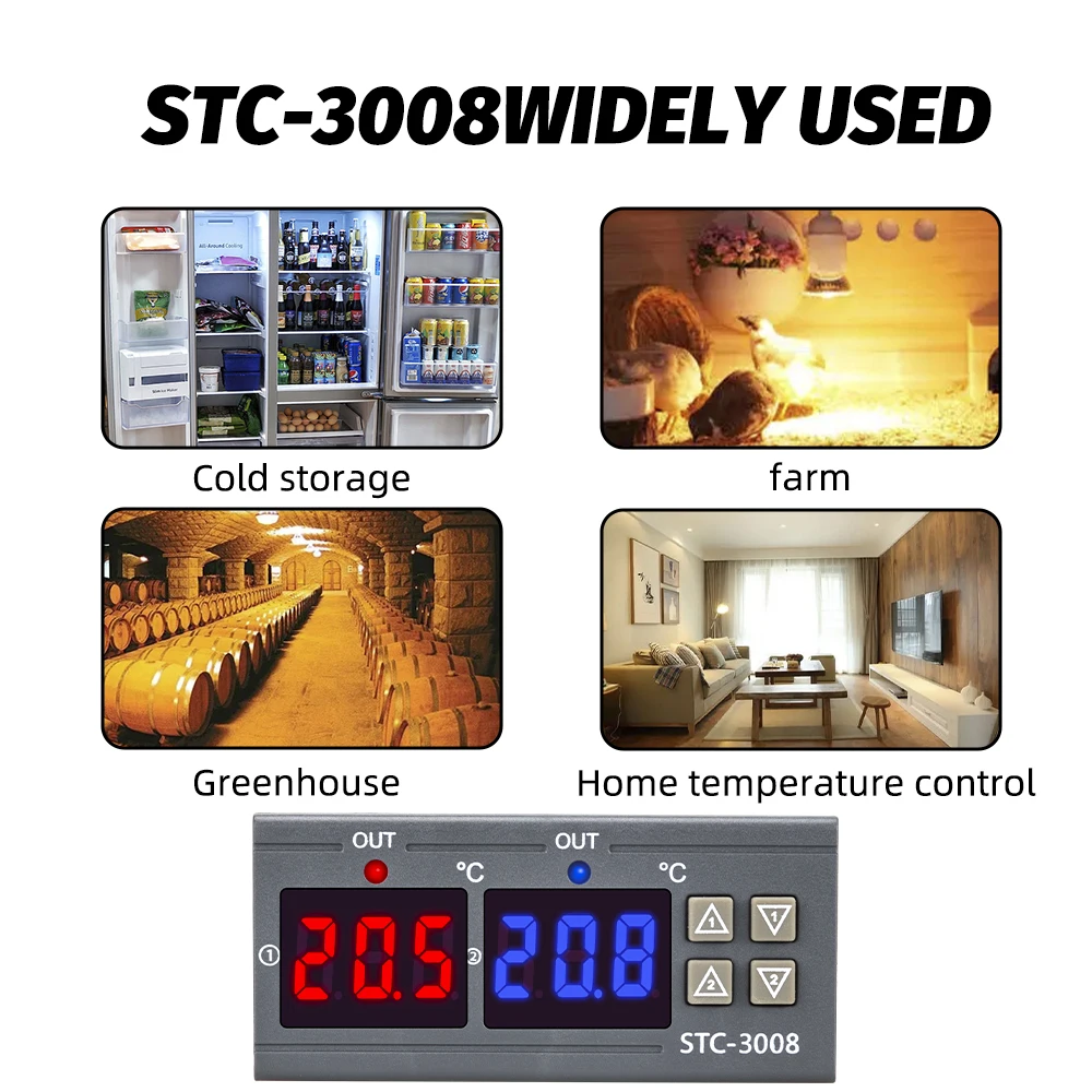듀얼 디지털 디스플레이 온도 컨트롤러, 마이크로 컴퓨터 온도조절기 레귤레이터 제어 스위치, 110-220V AC, 12 V, 24V DC, STC3008