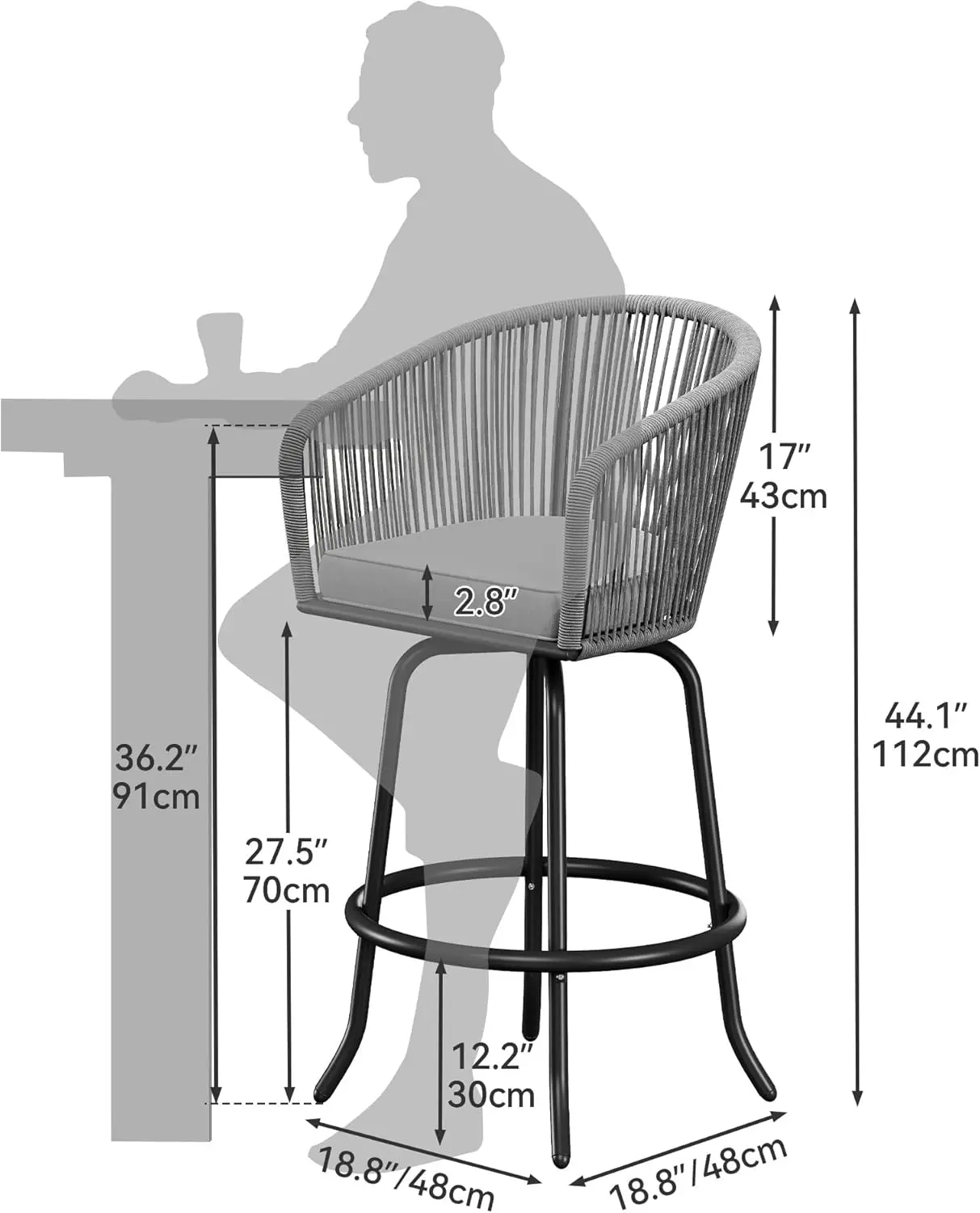 Counter Height Bar Stools Set of 2, Outdoor Bar Stools with Soft Cushions, Patio Rattan Swivel Bar Chairs