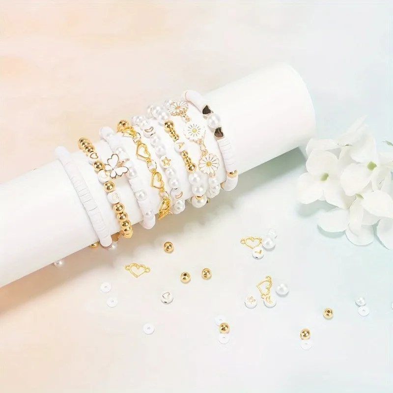 Clay Beads DIY Jewelry Making Kit, Simplistic Style Daisy Charms,  Golden Spacer Beads, White Glossy Plastic Pearls & Alphabet - 5