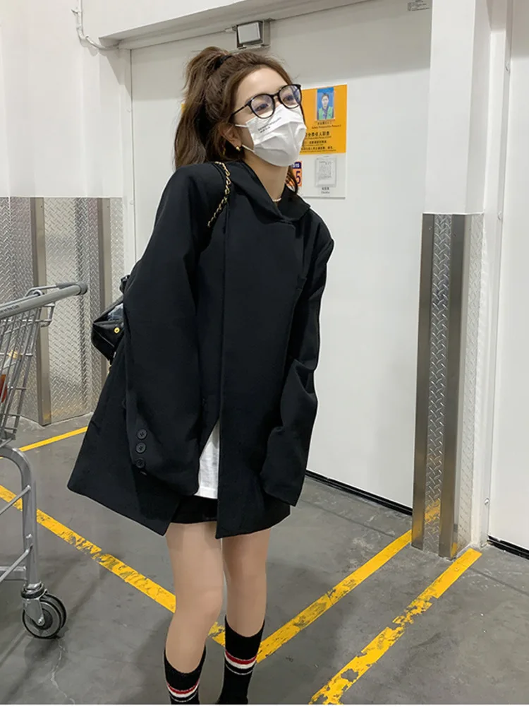 Women Black Hooded Suit Pullover Blazer Irregular Split Design Spring Autumn Korean Suit Top Loose Femme Streetwear 6