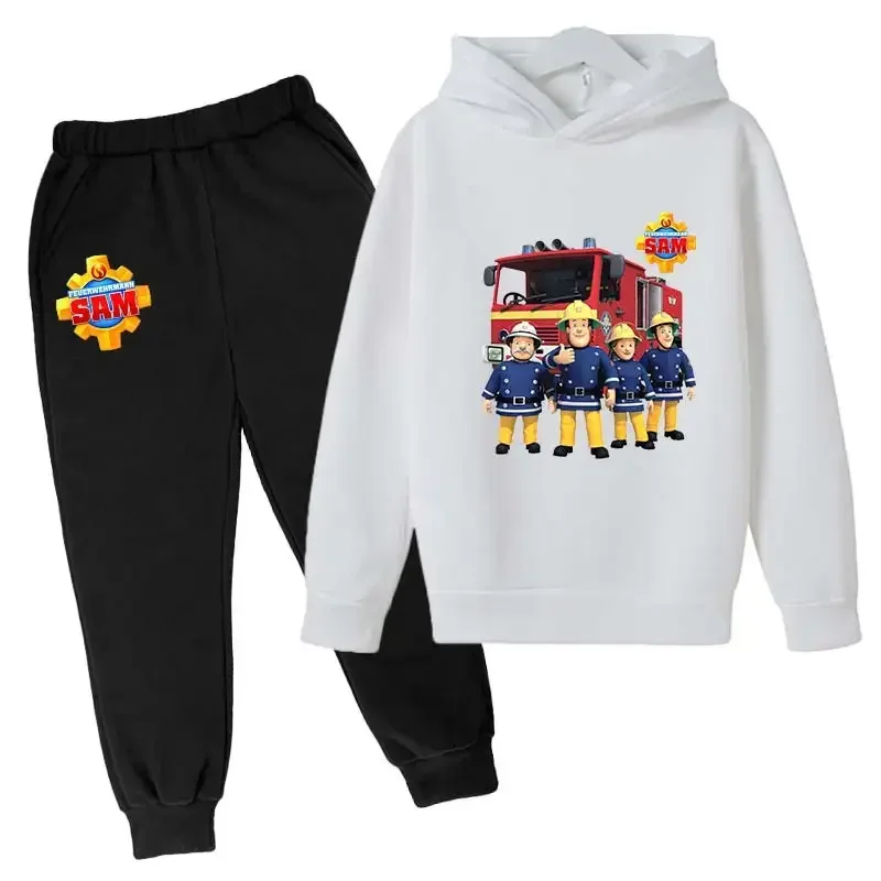 Conjunto de primavera y otoño para niños, sudadera con capucha de Sam el bombero, ropa deportiva informal con estampado de anime, traje de pantalón para niños y niñas de 2 a 14 años