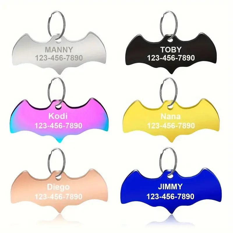 Personalisiertes Haustier-ID-Tag für Hunde und Katzen, Halloween-Fledermaus-Design, Kostenlose Gravur von Name und Nummer, Anti-Verlust-Halsband für Welpen-Zubehör