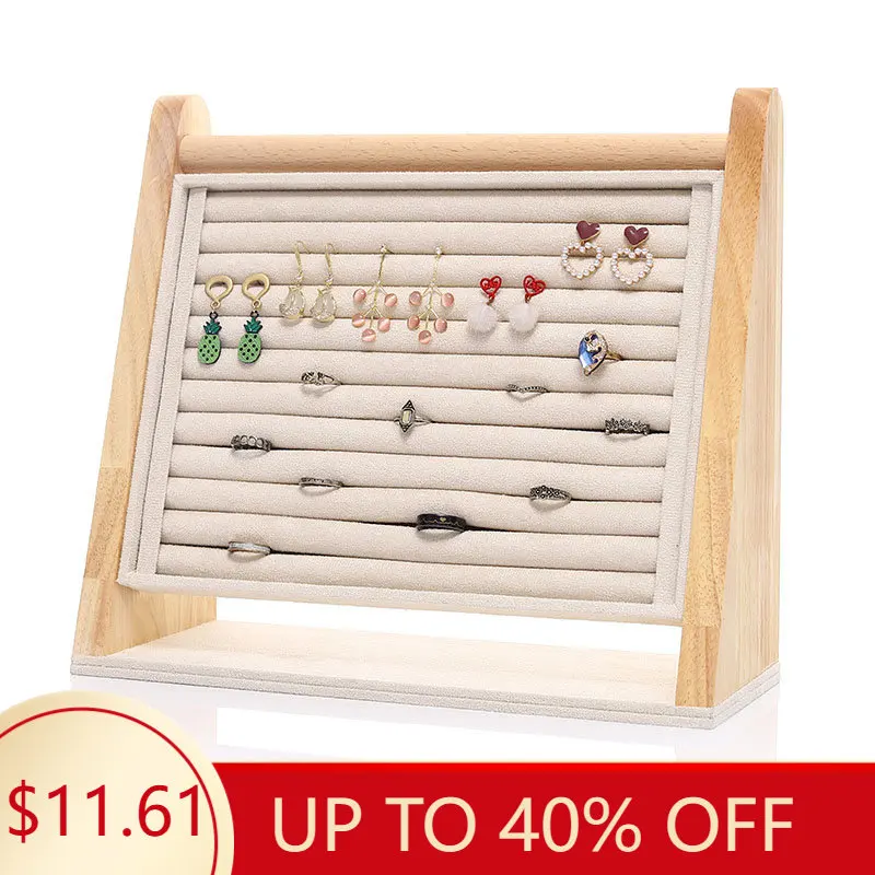 Bamboo Beige Jewelry Rings Display Holder Rack Display Stand Tray Ring Organizer Ring Display Storage Tray for Drawer small ring display rack solid color travel ring clip stand wedding ring box earrings rings organizer jewelry show props