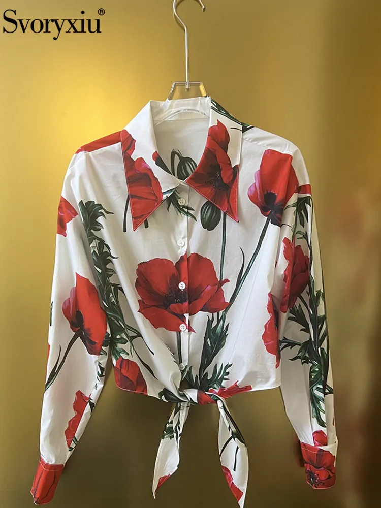 

Svoryxiu Spring Summer Fashion Designer Vintage Rose Print Shirt Coat Women's Turn-down Collar Single Breasted Straight Shirt