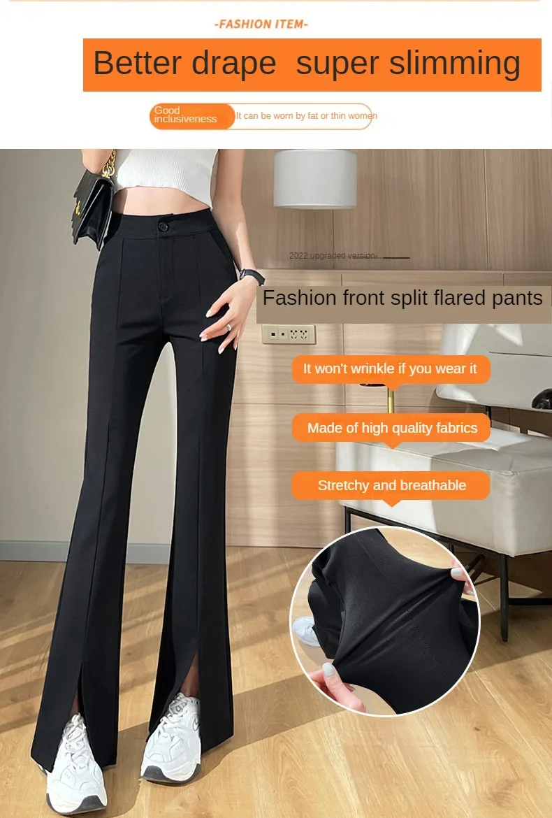 Plus Size Slit Front Black Flare Pants for Women Korean Style Casual Office  Lady Business Work Trousers High Waist Suit Pants - AliExpress