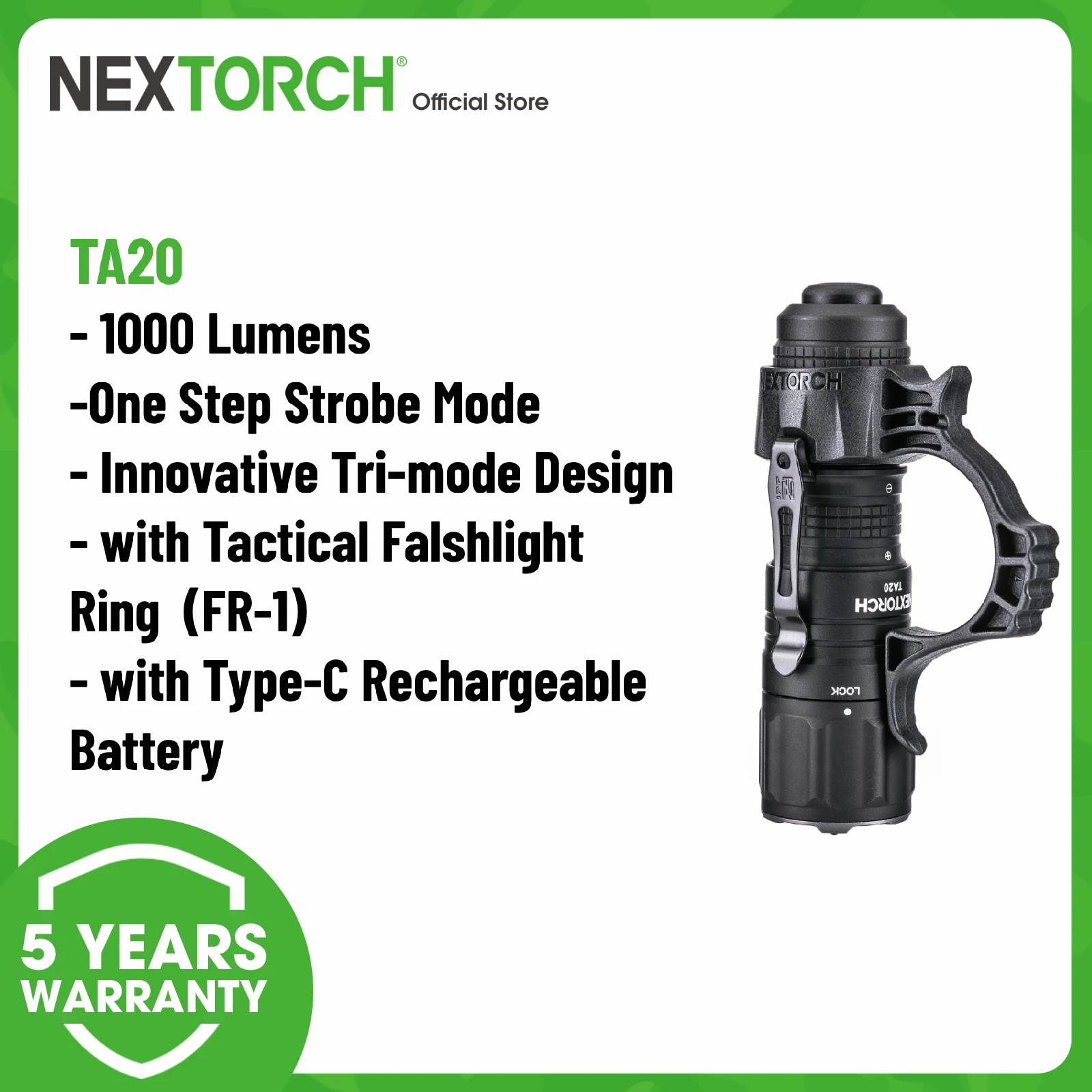 Nextorch LED懐中電灯、TA20 1000ルーメン高性能戦術懐中電灯、キャンプ用USB-C充電式バッテリー付き