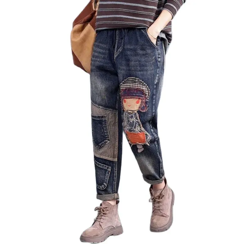 Spring Summer Oversize Elastic-waist Jeans Women Loose Denim Casual Trousers All-match Patch Embroidery Harem Pants Jeans Female