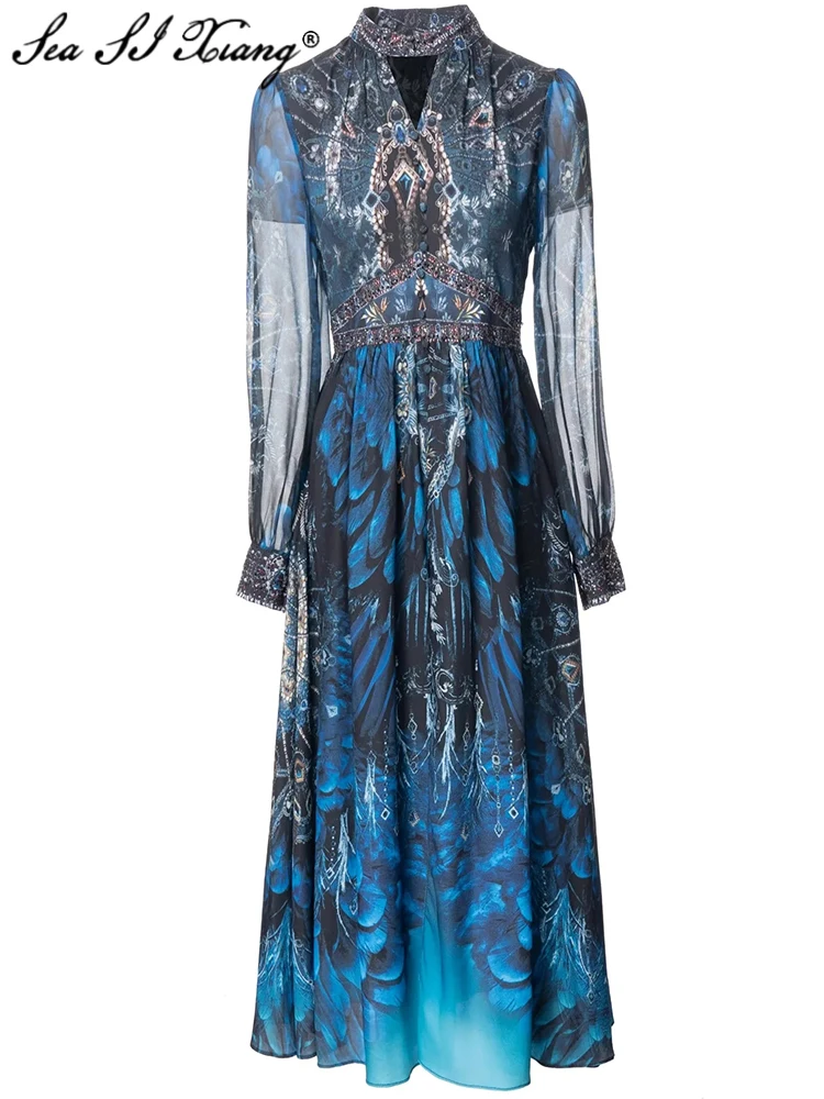 

Женское дизайнерское длинное платье Seasixiang, весеннее платье с квадратным вырезом, рукавами-фонариками, бусинами, эластичной талией и винтажным принтом