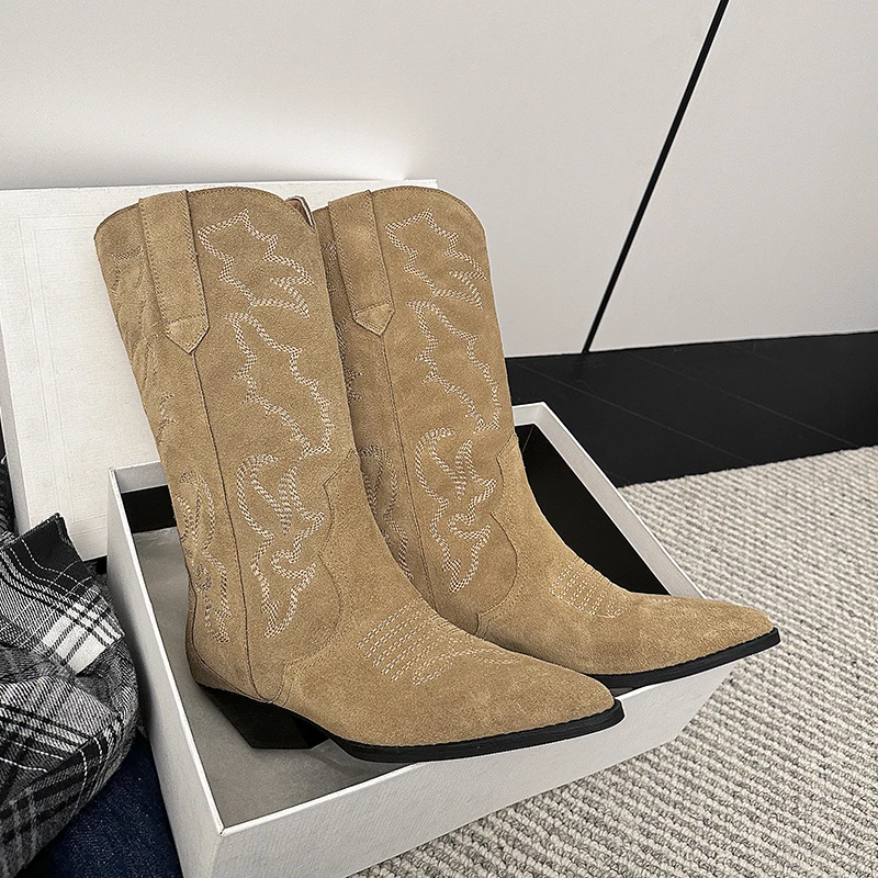 

Winter Classic Western Boots For Woman Cow Suede Ankle Boots Pointy Toe Chunky Heel Embroidery Shoes Cowboy Boots Female Size 43