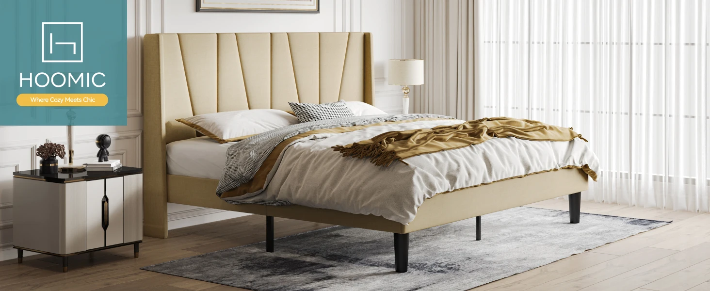 HOOMIC Platform Bed Frame with Geometric Wingback Headboard, Wooden Slats Support, No Box Spring Needed Allewie