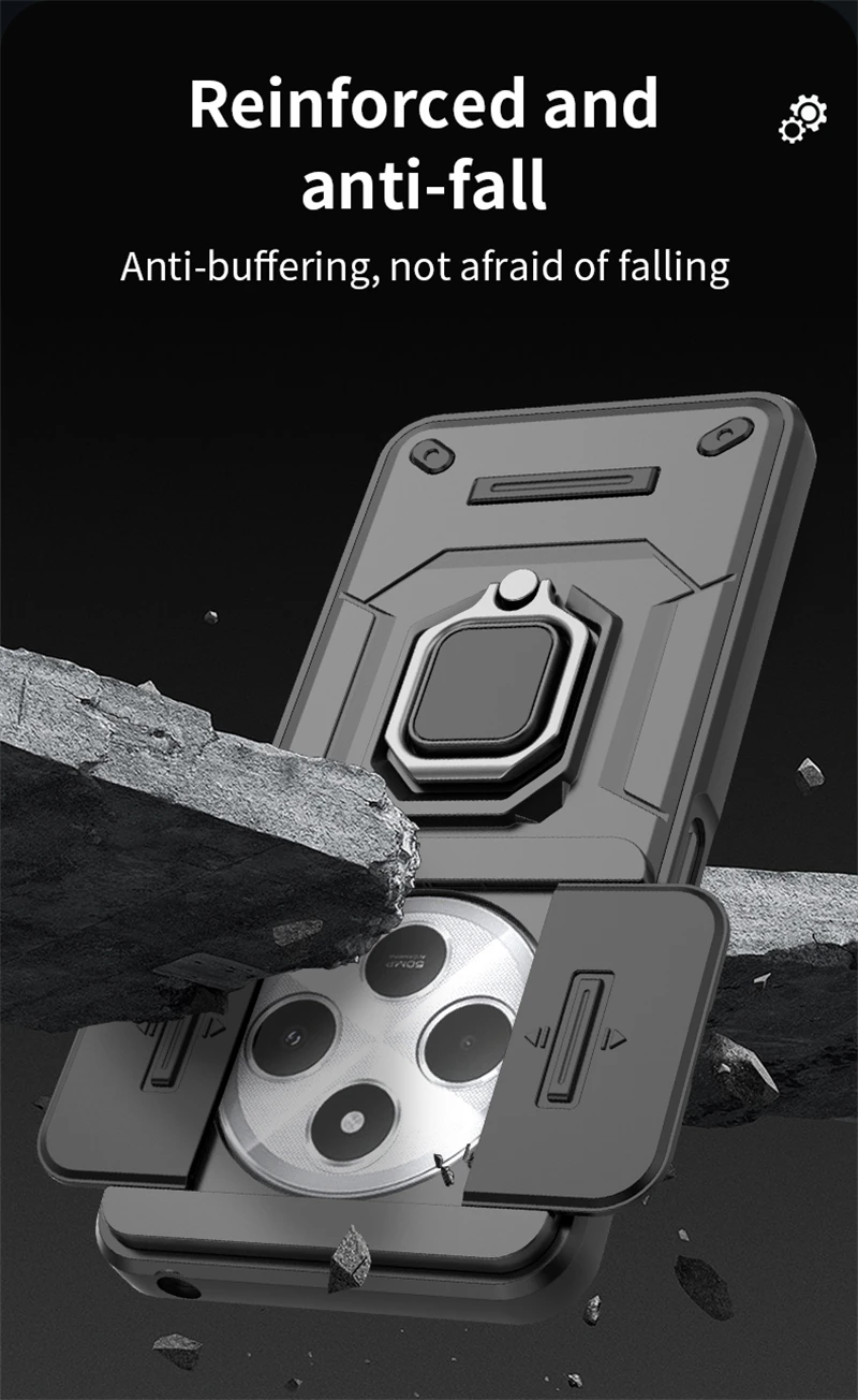 Armor Protective Case with Car Magnetic Ring Stand and Slide Lens Cover