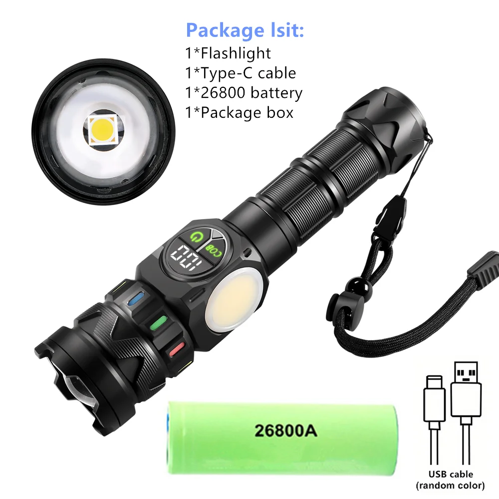 مصباح يدوي LED عالي الأداء، يتميز بإضاءة كاشفة بعي...