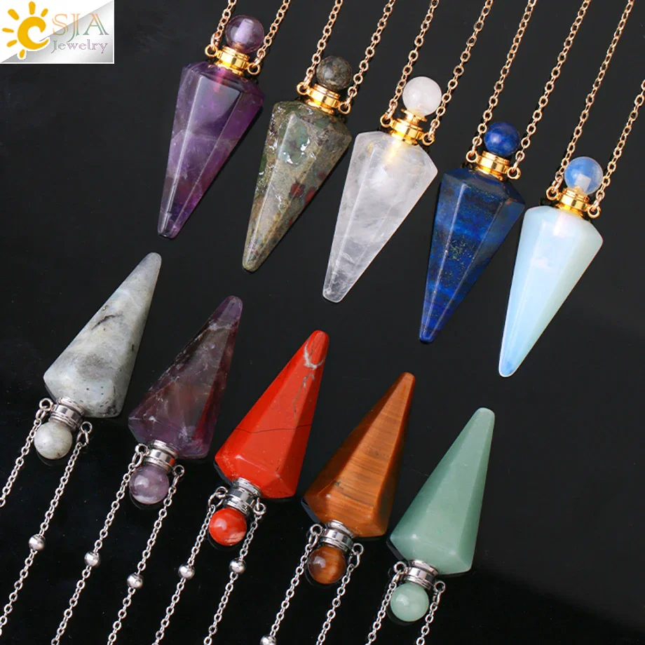 Natural Stone Cone Perfume Bottle Necklace with Healing Clear Quartz Crystal Pendant and Essential Oil Diffuser