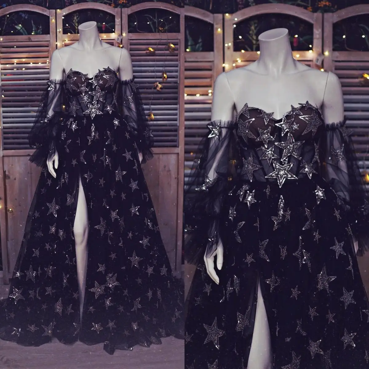 

14753 # черные тюлевые трапециевидные длинные платья для выпускного вечера с открытыми плечами с пышными рукавами Вечерние платья с высоким разрезом для вечеринки