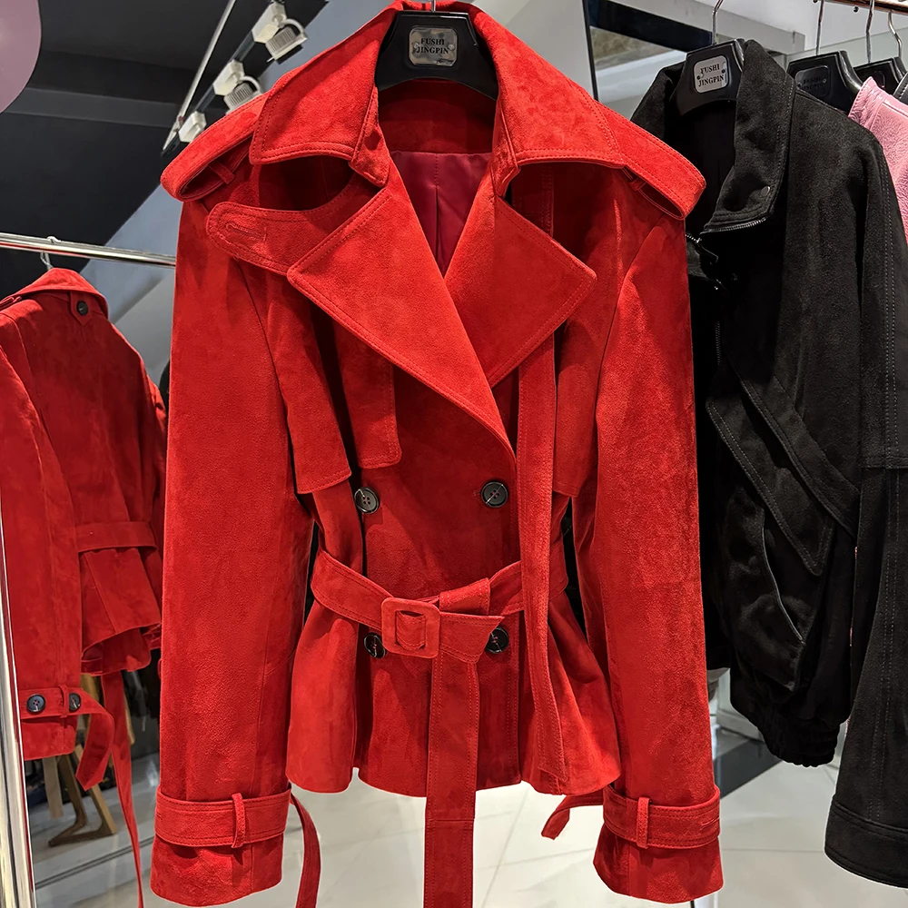 YOLOAgain Double Breasted Croc Pattern Leather Jacket Women 2026 Autumn New Genuine Leather Jacket Ladies