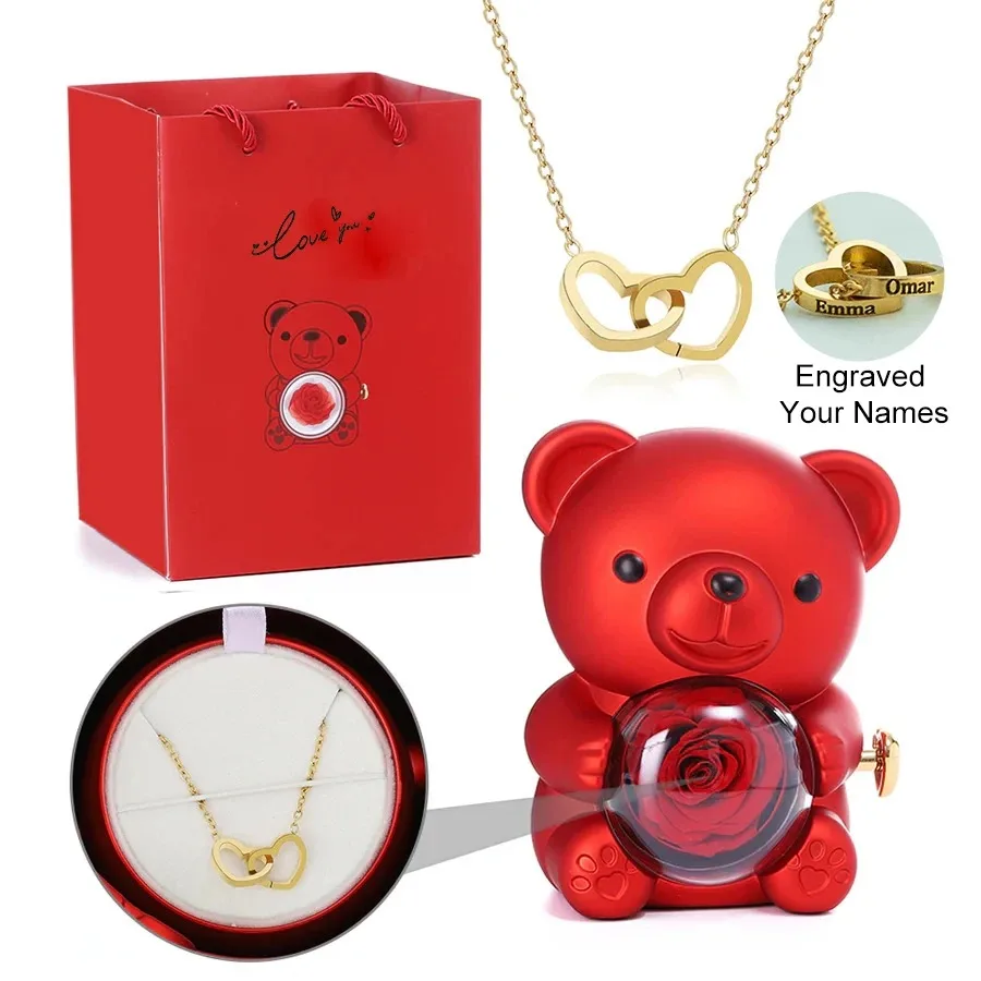 Double Heart Name Rotating Bear Rose Jewelry Box Embracing Bear Mother's Day Valentine's Day Christmas Gifts Jewelry Box