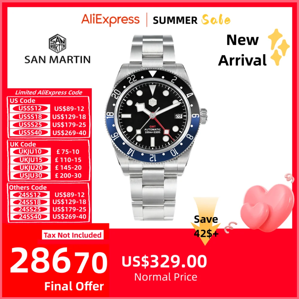 San Martin 39mm Luxury Mens Automatic Watch NH34 GMT Bidirectional Aluminum Bezel 10Bar Swim BGW-9 Sports Reloj Hombre SN0109